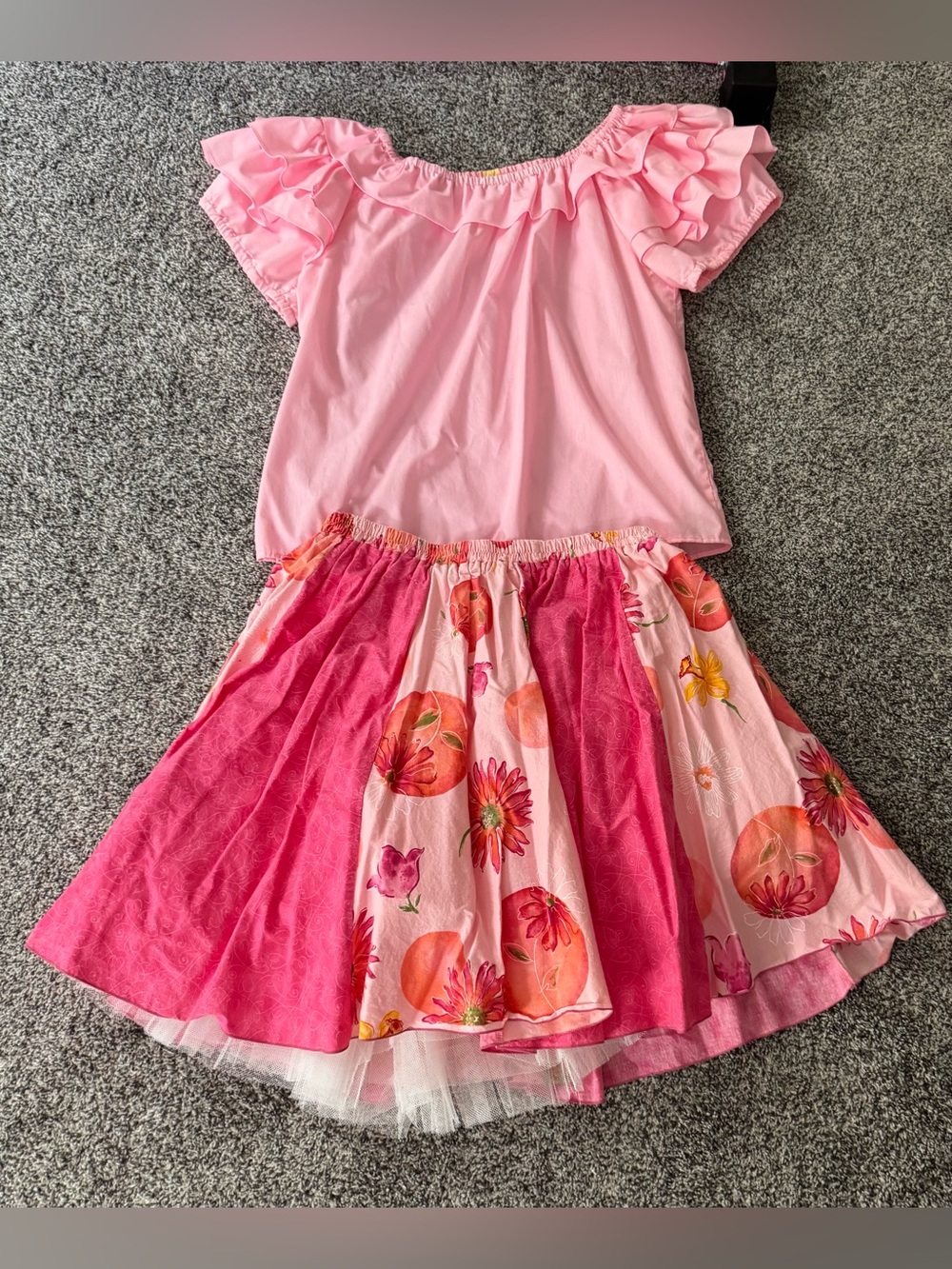 Pink Ruffled Off-Shoulder Top and flower skirt